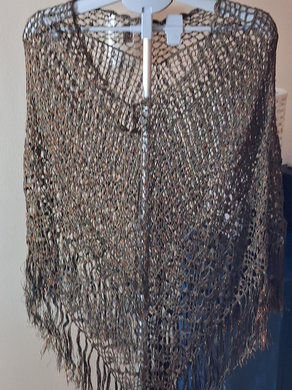 Vintage Open-Knit Fringe Beaded Poncho
